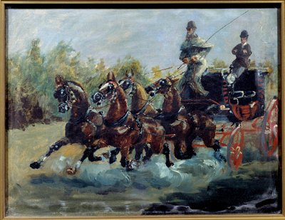 Alphonse från Toulouse Lautrec kör sin e-postcoach. Postvagnen är en sedan med fyra hästar, med flera stolsrader överst på bilen). Målning av Henri de Toulouse Lautrec av Henri de Toulouse Lautrec