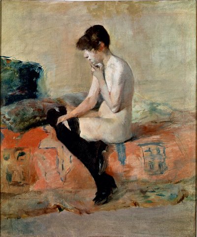 Nakenstudie. Naken kvinna sitter på en soffa. Målning av Henri de Toulouse-Lautrec (Toulouse Lautrec av Henri de Toulouse Lautrec