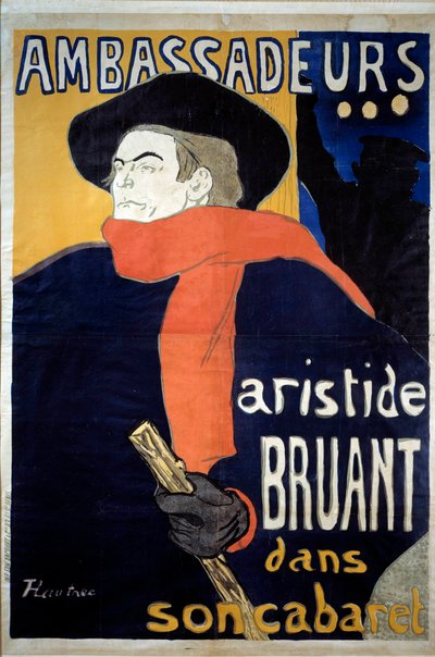Affisch för det spektakulära av Aristide Bruant (1851-1925), fransk låtskrivare. "" Ambassadörer - Aristide Sparrow i sin kabaré "". Litografi av Henri de Toulouse-Lautrec (1864-1901). 1892. Dim 1,41 x 0,98 m Bryssel, musee d