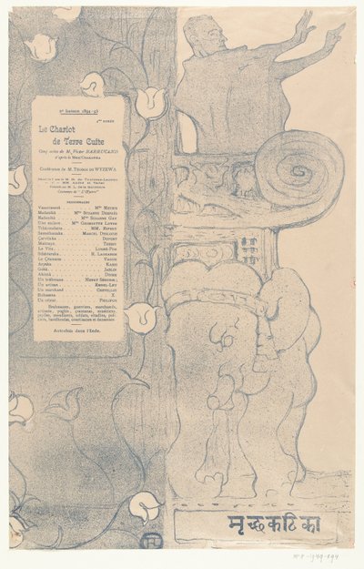 Program för pjäsen Le chariot de terre cuite med skådespelaren Felix Fénéon stående på balkongen ovanför indisk elefant Program för Le chariot de terre cuite av Henri de Toulouse Lautrec
