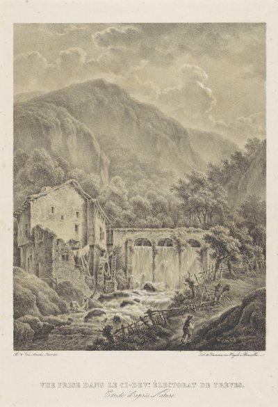 Berglandskap med vattenkvarn nära Trier Vue prisdans le ci dev. Éctorat de trèves (titel på objekt) av Henri van Assche