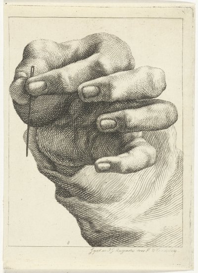 Studie av en hand med en nål mellan tumme och pekfinger av Henricus Wilhelmus Couwenberg