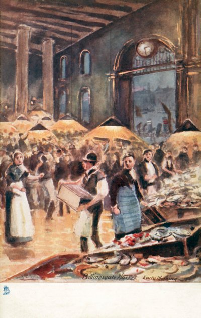 Gamla London: Billingsgate Market, tidig morgon (färglitografi) av Henrie Pitcher
