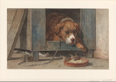 Katt spionerar fåglar på en sovande hund av Henriëtte Ronner