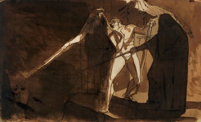 Macbeth och de tre häxorna som visar honom det beväpnade huvudet (akvarell) av Johann Heinrich Füssli