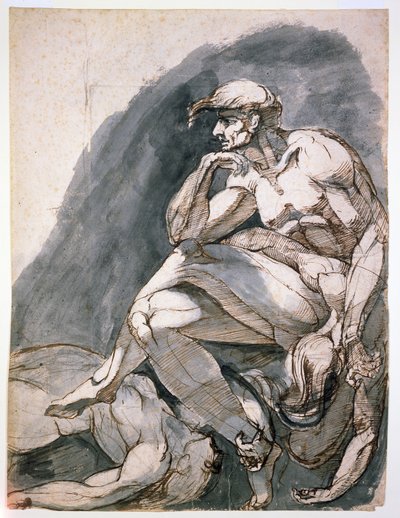 Man med två döda kvinnor, ca 1772 (penna  brunt bläck med grå lav på papper) av Henry (1741-1825) Fuseli