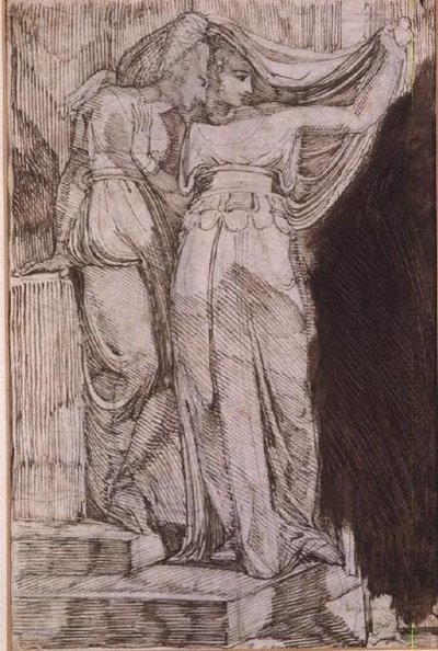 Två kvinnliga figurer som står på trappor, Rom, maj 1787 av Johann Heinrich Füssli