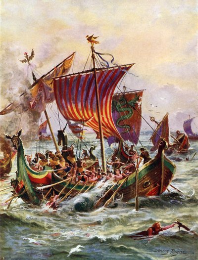 Kung Alfreds galärer attackerar vikingadrakskeppen, 897 (färg litho) av Henry Payne