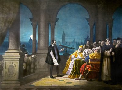 Galileo Galilei demonstrerar sitt teleskop för Leonardo Donato, Venedigs doge, och den venetianska senaten 1609, ca 1900 (litografi) av Henry (after) Detouche