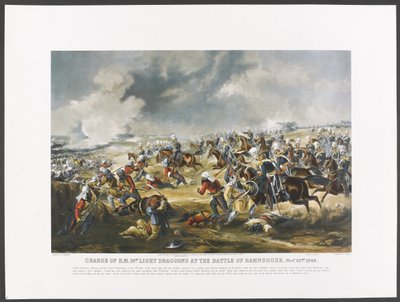 Åtal mot H.M. 14:e lätta dragonerna vid slaget vid Ramnuggur, 22 november 1848, graverade av J. Harris, ca 1851 (fotolito i färg) av Henry (after) Martens