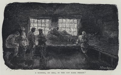 En kamera, eller cell, i Ust Kara-fängelset (litho) av Henry (after) Sandham