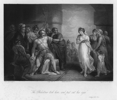 Simson och Delila, domare XVI, 21 (gravyr) av Henry (after) Singleton