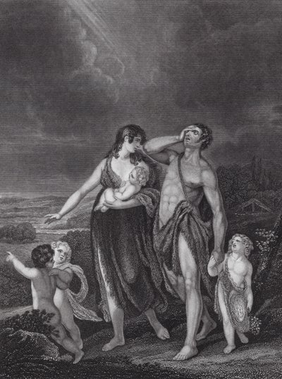 Kains avfärd, Första Moseboken, kap 4, v 16 (gravyr) av Henry (after) Singleton