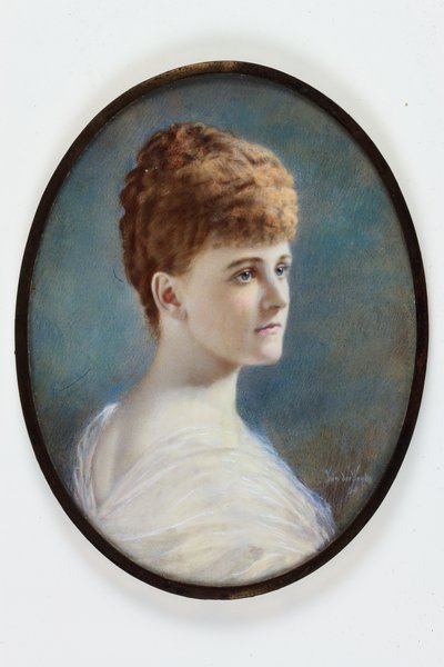 En dam i vit klänning, förmodligen Frances Evelyn (Daisy) Greville, född Maynard, Lady Brooke, senare grevinnan av Warwick av Henry (attr.to) Van der Weyde