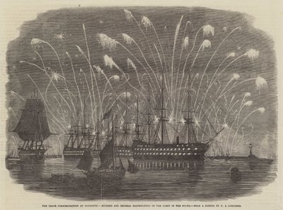 Fredsfirandet i Plymouth, raketer och allmän belysning av flottan i Öresund av Henry A. Luscombe