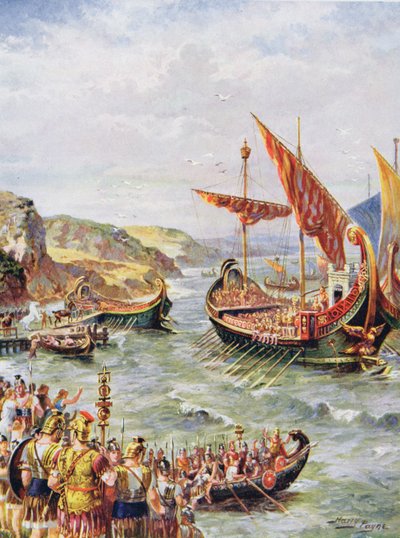 Romarnas avgång från Storbritannien efter plundringen av Rom år 410 e.Kr., illustration från 