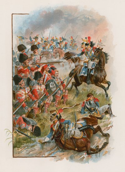 Square of the 42nd Highlanders anklagade av franska kurassier vid Quatre Bras, 16 juni 1815 (chromolitho) av Henry A. Payne