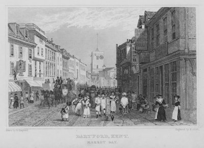 Marknadsdag, Dartford, Kent (gravyr) av Henry Adlard
