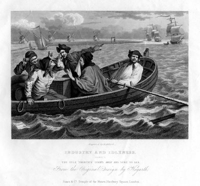 Den sysslolösa lärlingen vände sig bort och skickades till sjöss, skylt V of Industry and Idleness, 1833. av Henry Adlard