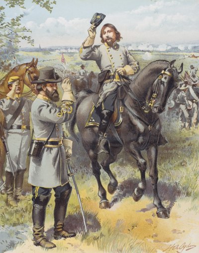 General Pickett tog order om att anfalla från General Longstreet, slaget vid Gettysburg, 3 juli 1863 (färg litho) av Henry Alexander (after) Ogden