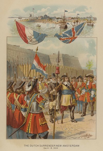 Holländarna kapitulerar New Amsterdam, 8 september 1664 (chromolitho) av Henry Alexander (after) Ogden