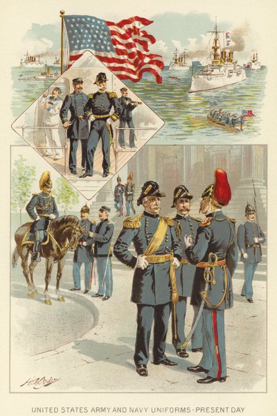 United States Army and Navy Uniforms, Present Day (litho i färg) av Henry Alexander (after) Ogden