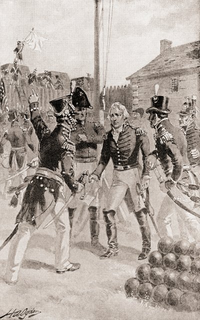 Brigadgeneral William Hull överlämnar fortet och staden Detroit, Michigan, Amerika under belägringen av Detroit, från The History of Our Country, publicerad 1905 av Henry Alexander Ogden