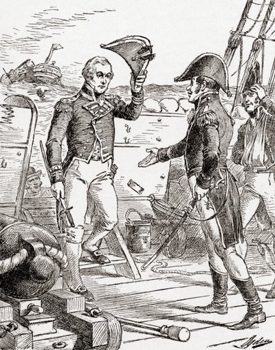 Kapten Dacres från HMS Guerriere kapitulerar och erbjuder sitt svärd till kapten Hull ombord på USS Constitution efter hans nederlag under kriget 1812, från The History of Our Country, publicerad 19 av Henry Alexander Ogden