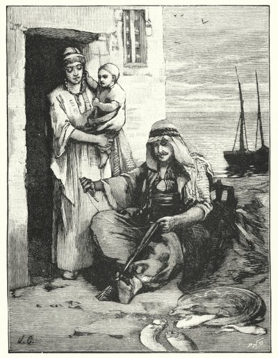 En fiskare lagar sina nät, Tiberias hav (litho) av Henry Andrew Harper