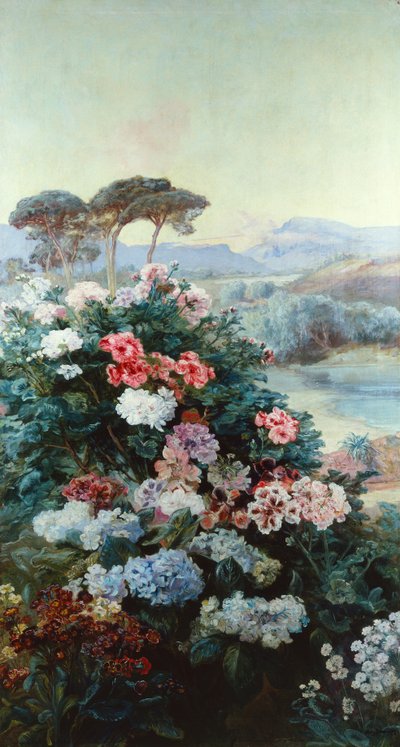 Kamelia och andra blommor i ett landskap (olja på duk) av Henry Arthur Bonnefoy