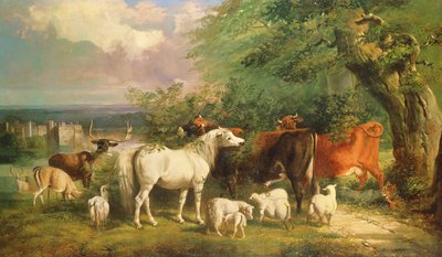 Haddon Hall med får, boskap, en hjort och en ponny av Henry Barraud