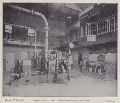 Maskinrum som visar växel, Electric Light Works, Canterbury, Kent (s/v foto) av Henry Beauchamp Collis