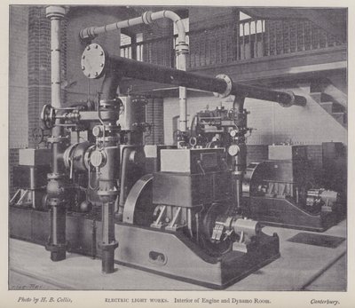 Interiör i motor- och dynamorum, Electric Light Works, Canterbury, Kent (s/v foto) av Henry Beauchamp Collis