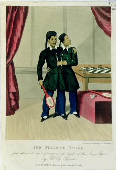 De siamesiska tvillingarna, som upptäcktes första gången när R. Hunter fiskade vid Siamflodens stränder 1829. av Henry Berthoud
