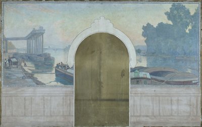 Skiss för vigselrummet i rådhuset i Asnières: Landskap. Pråmar på Seine med bron i Asnières, ca 1900 (olja på duk) av Henry Bouvet
