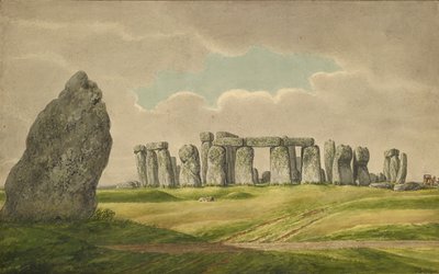 Stonehenge från N.E., visar ruiner och klacksten med vagn, häst, person, 1824-1839 av Henry Browne