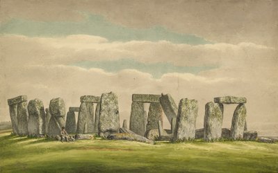 Stonehenge från N.W., visar ruiner med man och hund, 1824-1839 av Henry Browne