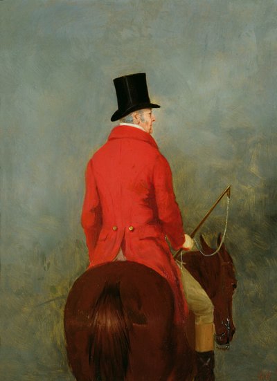 Porträtt av Thomas Cholmondeley, första lord Delamere, på sin jägare: En studie för "The Cheshire Hunt at Tatton Park". av Henry Calvert