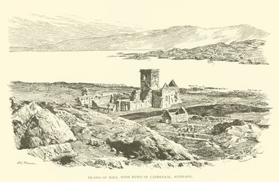 Ön Iona, med ruinerna av katedralen, Skottland (gravyr) av Henry Charles Brewer