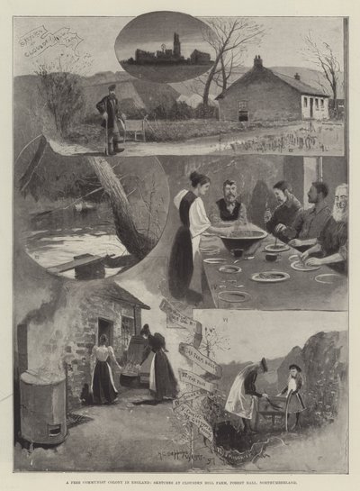 En fri kommunistkoloni i England, skisser på Clousden Hill Farm, Forest Hall, Northumberland av Henry Charles Seppings Wright