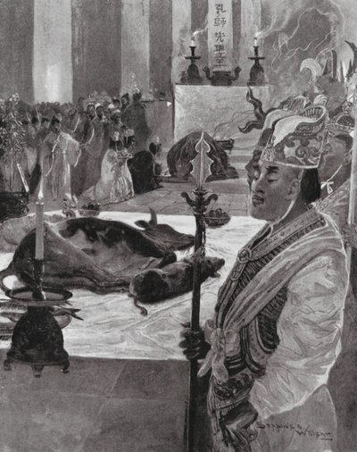 Ett offer i ett konfucianskt tempel (litografi) av Henry Charles Seppings Wright