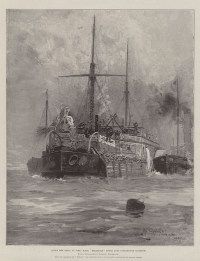 Efter sin eldprovning bogserades HMS Belleisle in i Portsmouths hamn. av Henry Charles Seppings Wright