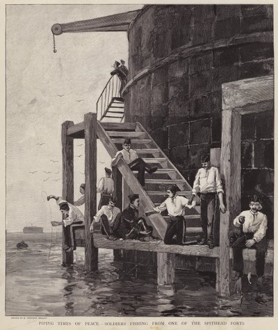 Brittiska soldater som fiskar från ett av forten i Spithead, Hampshire (litho) av Henry Charles Seppings Wright