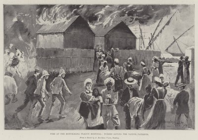 Brand på Modykhana Plague Hospital, sjuksköterskor som räddar de infödda patienterna av Henry Charles Seppings Wright