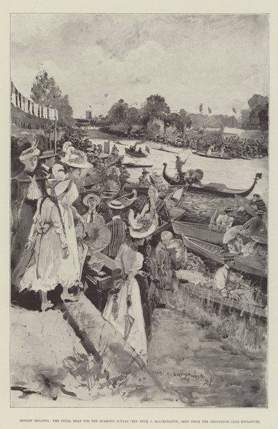 Henley Regatta, finalheatet för Diamond Sculls (Ten Eyck v Blackstaffe), sett från Grosvenor Club Enclosure av Henry Charles Seppings Wright