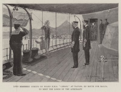 Lord Rosebery kommer ombord på HMS Caesar, i Neapel, på väg mot Malta, för att träffa amiralitetets Lords av Henry Charles Seppings Wright