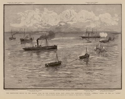 Portugisiska korvetten Tamega skjuter mot SS Agnes, Pungwe River, Östafrika (gravyr) av Henry Charles Seppings Wright