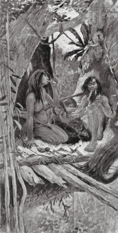 Förhistoriska kinesiska trädlevande människor (litografi) av Henry Charles Seppings Wright