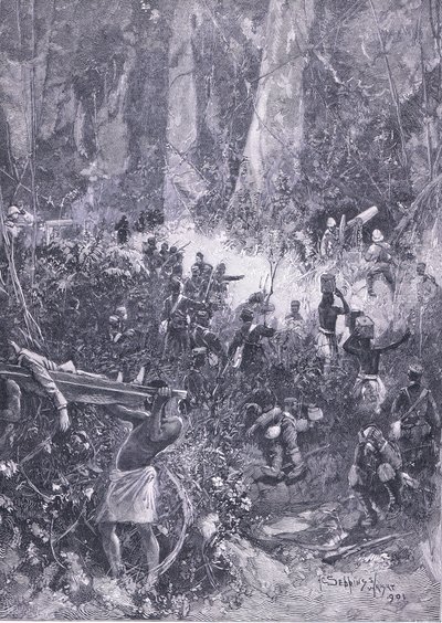 The Ashanti War 1900: A fight in the forest, illustration från Cassells History of England, 1900-talet av Henry Charles Seppings Wright