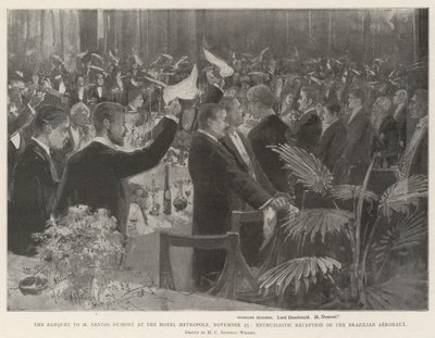 Bankett för Santos Dumont på Hotel Metropole den 25 november, entusiastiskt mottagande av den brasilianske flygplansmannen av Henry Charles Seppings Wright